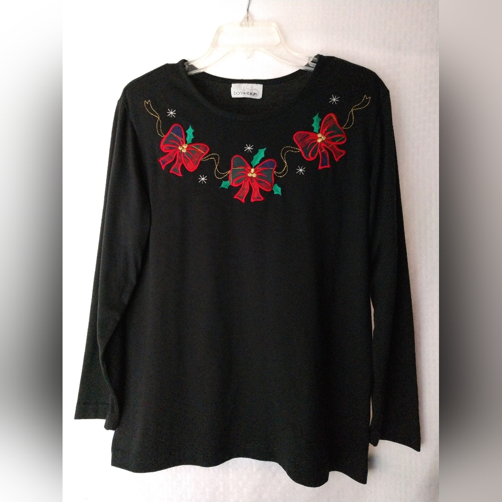Bonnie Blain Christmas Bows Shirt Black Red Plaid Appliques Medium Chest 38"